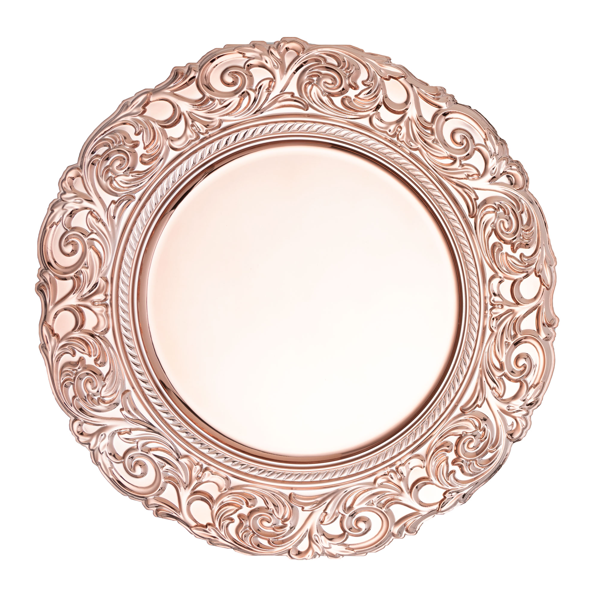 Baroque Plastic Charger Plate With Filigree Rim 14" - Rose Gold