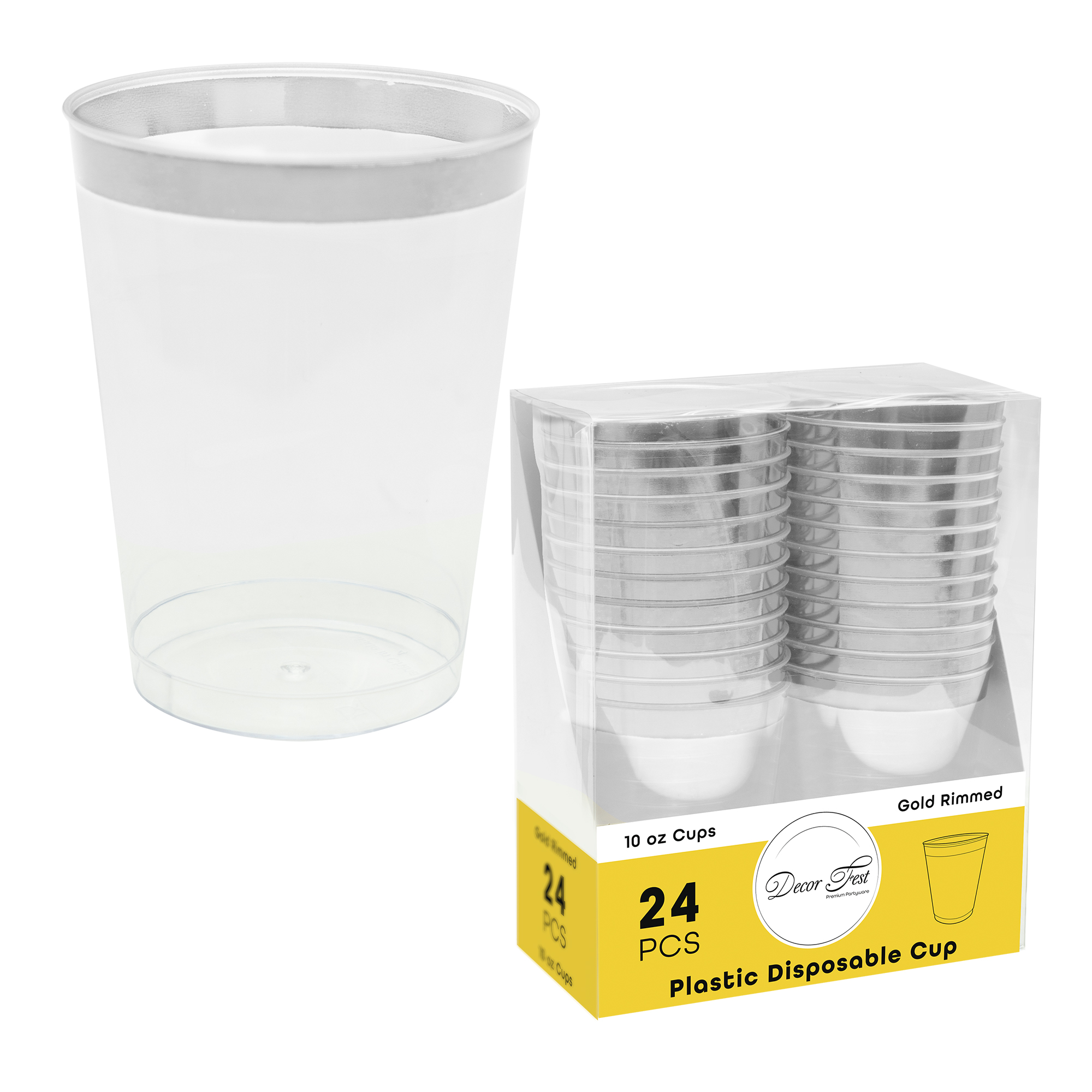 Plastic Disposable Cups with Silver Rim 10oz 24pc/pack