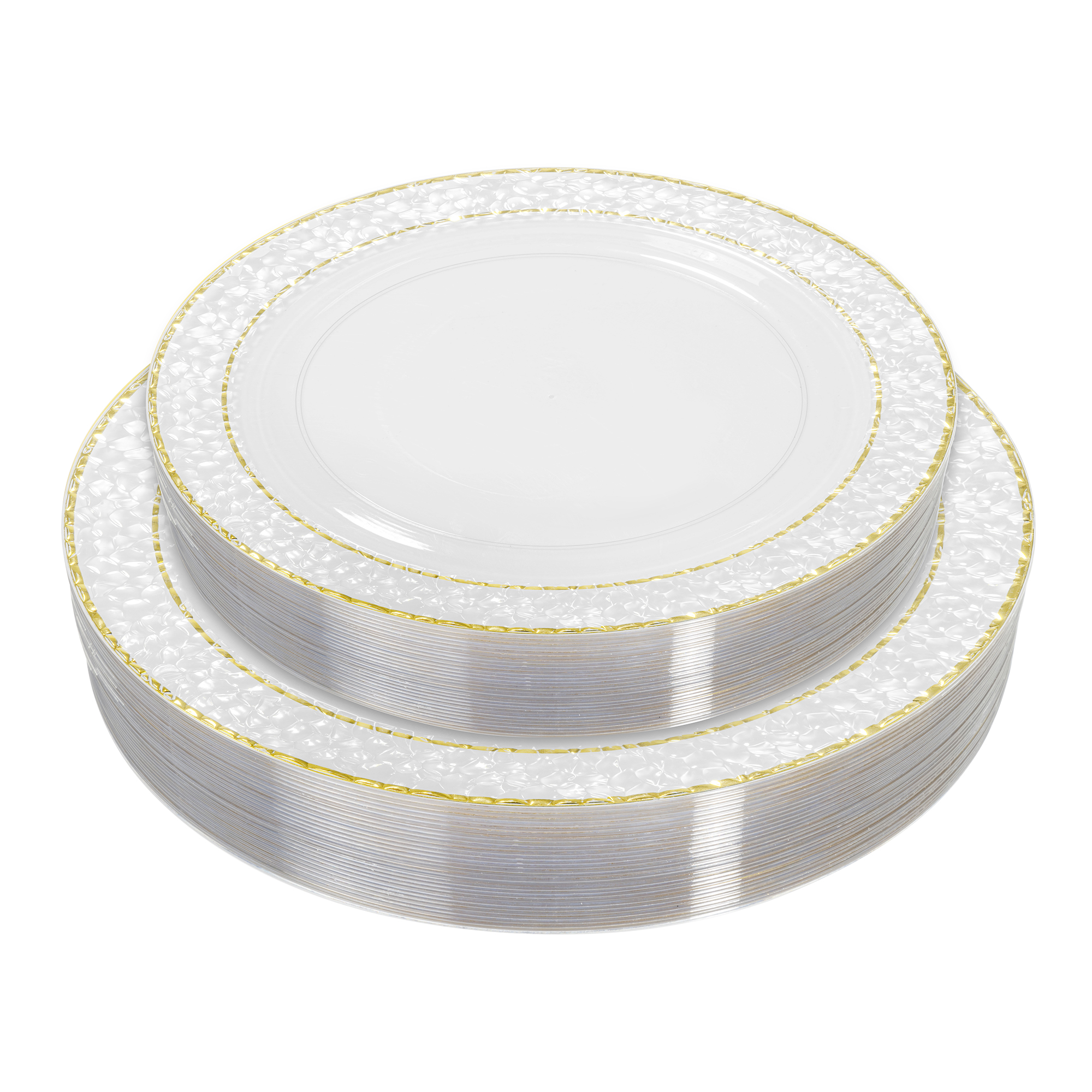 Plastic Plate Set With Hammered Double Gold Rim Edge 50pc/set - Gold