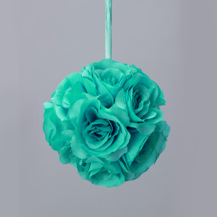 Rose Silk Flower Pomander Kissing Ball 6" - Aqua