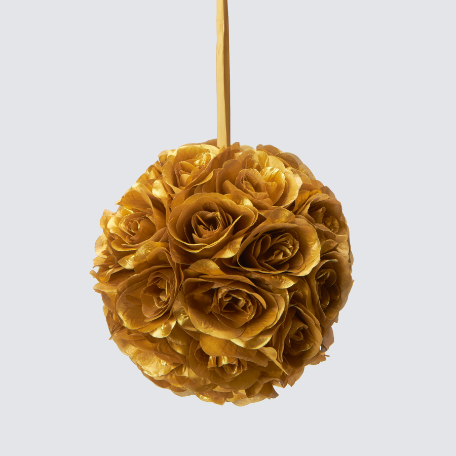 Rose Silk Flower Pomander Kissing Ball 6" - Gold