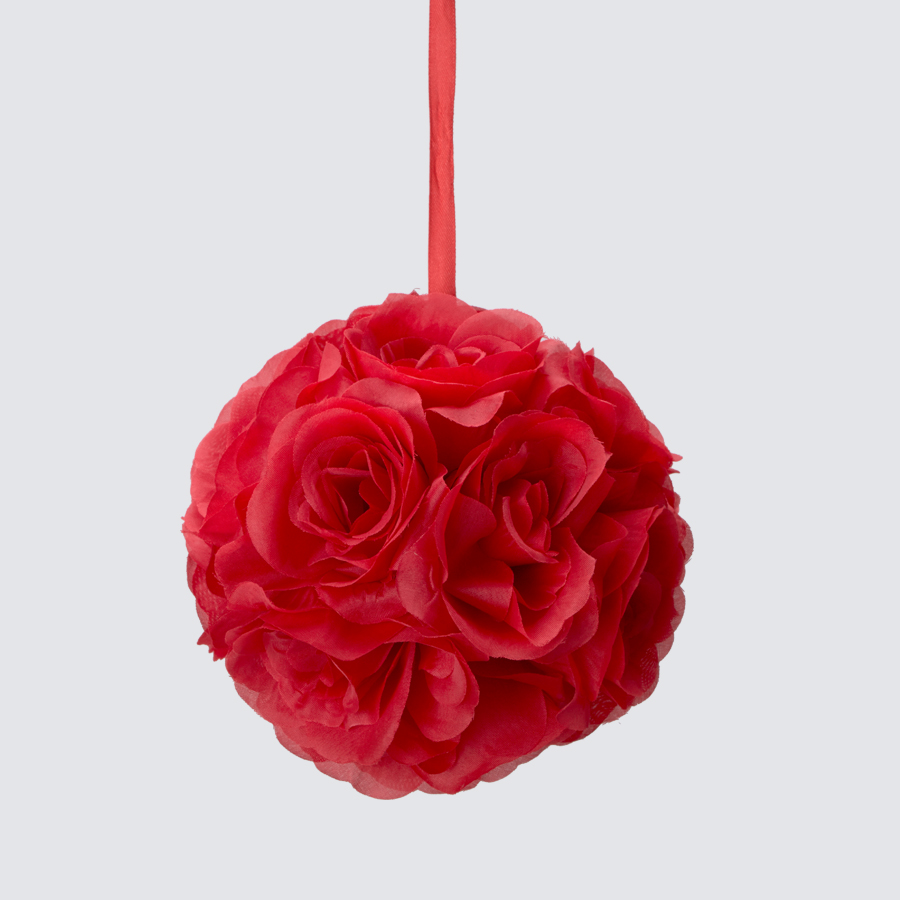 Rose Silk Flower Pomander Kissing Ball 6" - Red