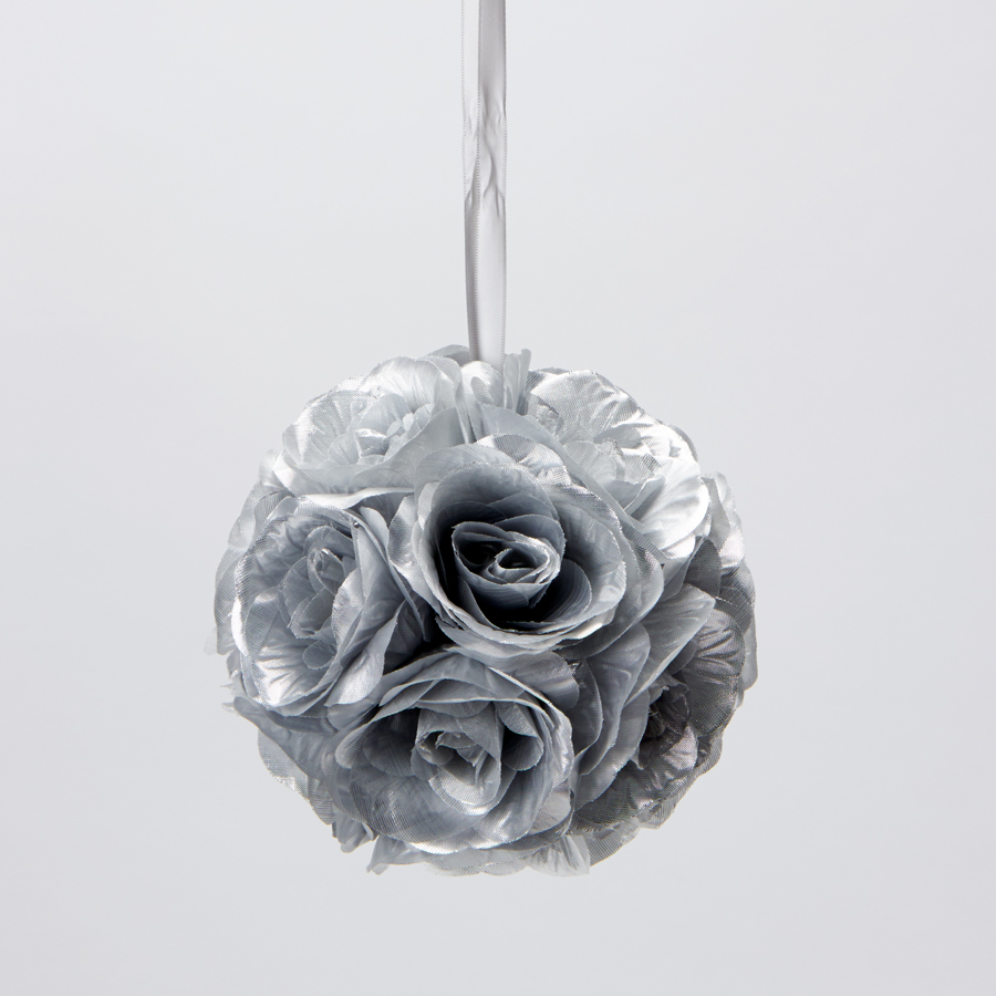 Rose Silk Flower Pomander Kissing Ball 6" - Silver