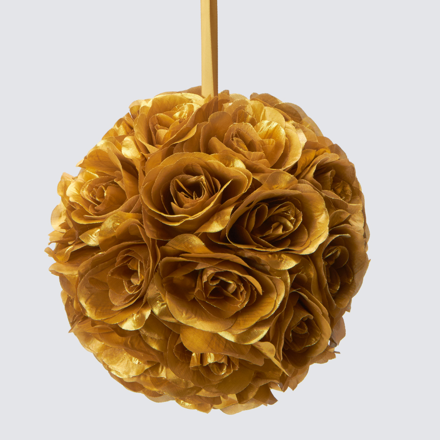 Rose Silk Flower Pomander Kissing Ball 10" - Gold