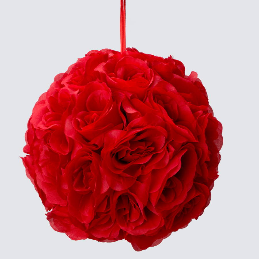 Rose Silk Flower Pomander Kissing Ball 10" - Red