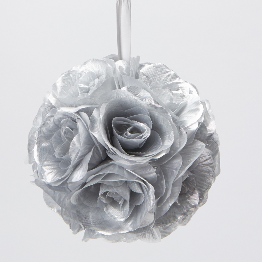 Rose Silk Flower Pomander Kissing Ball 10" - Silver