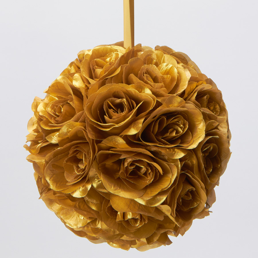 Rose Silk Flower Pomander Kissing Ball 12" - Gold