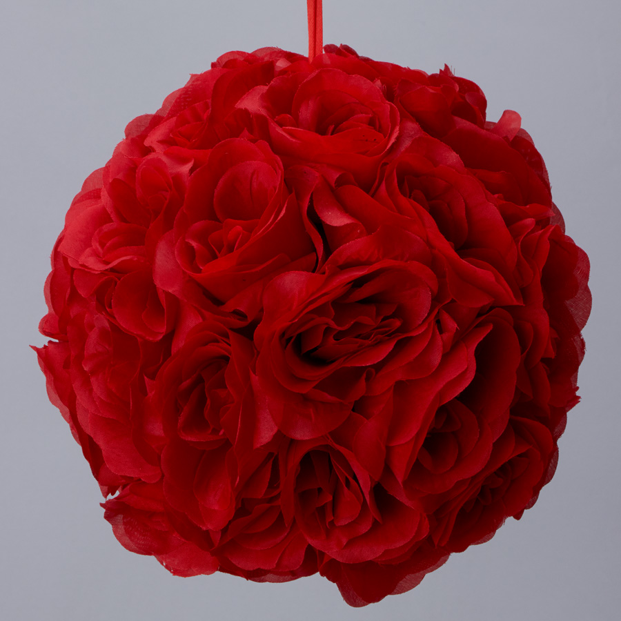 Rose Silk Flower Pomander Kissing Ball 12" - Red