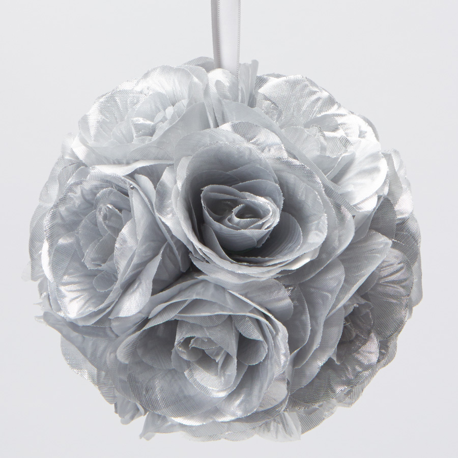 Rose Silk Flower Pomander Kissing Ball 12" - Silver