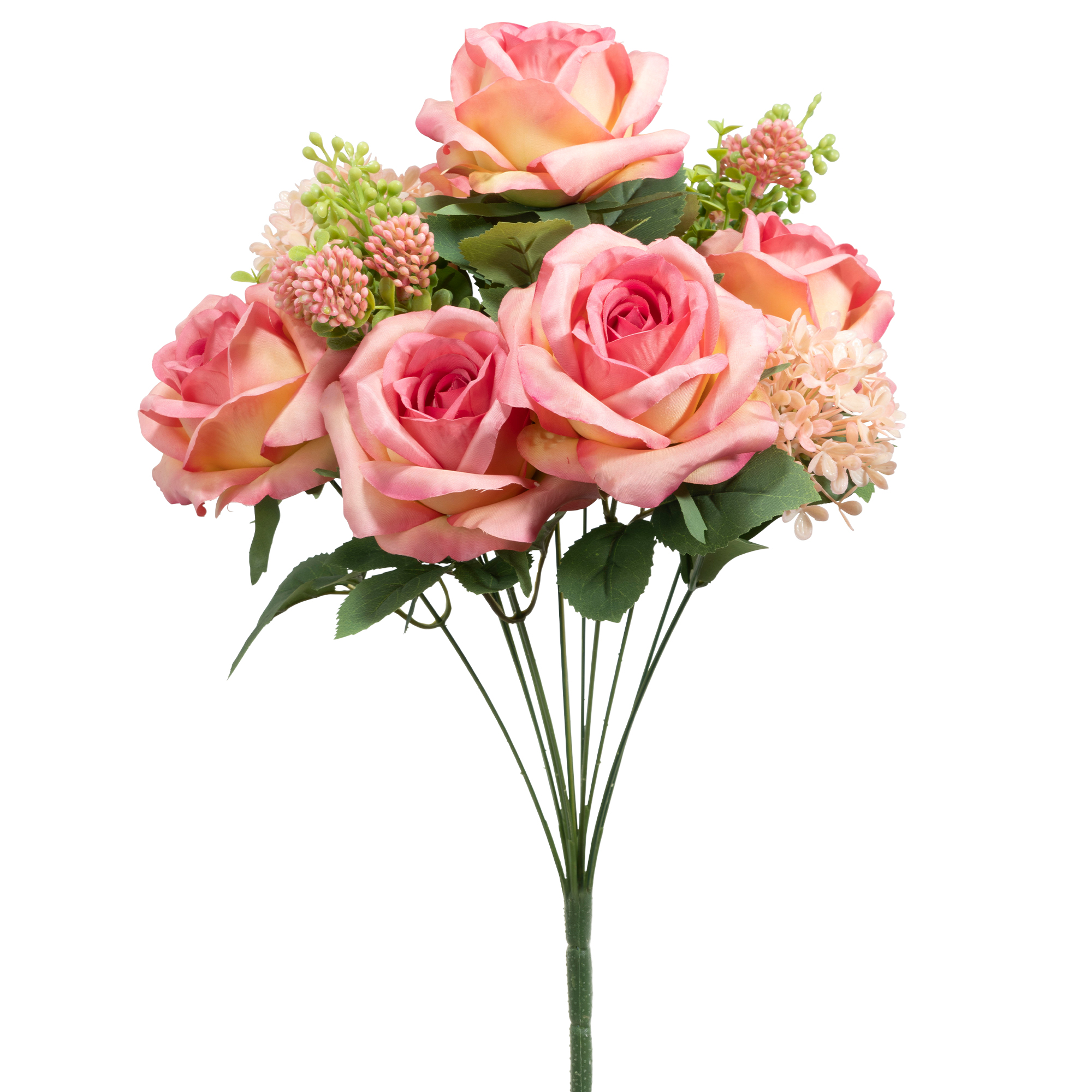 12 Head Bulgarian Rose And Snow Ball Hydrangea Bush 19" - Fuchsia & Pink