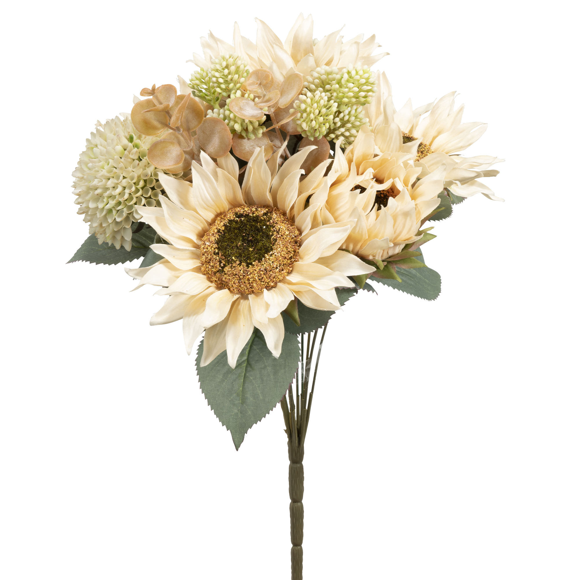 9 Head Sunflower and Button Mum Bouquet 17" - Champagne
