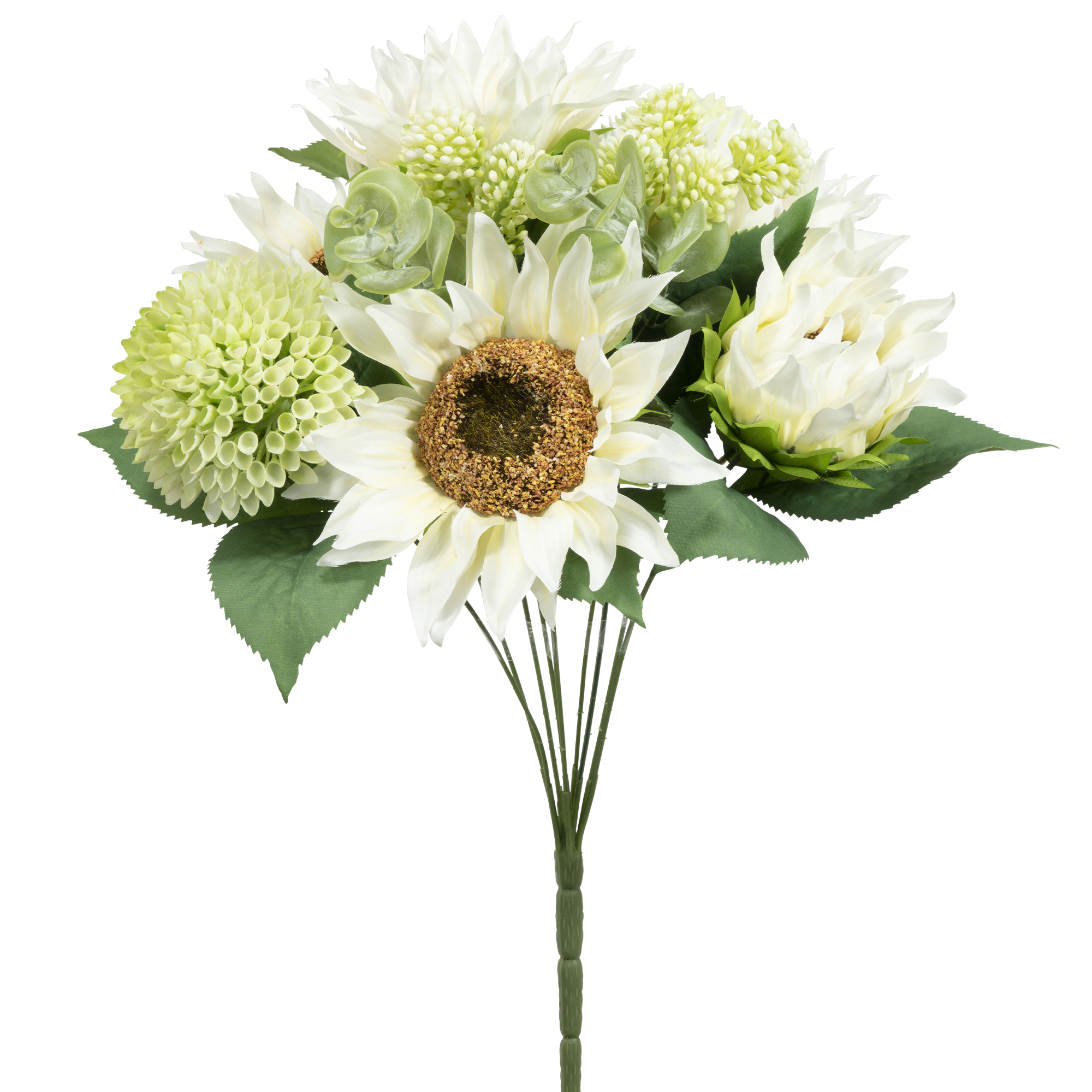 9 Head Sunflower and Button Mum Bouquet 17" - White