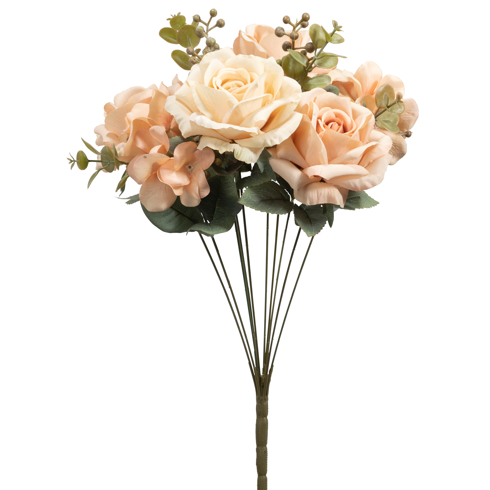 10 Head Antique Rose And Hydrangea Bush 18" - Blush & Ivory