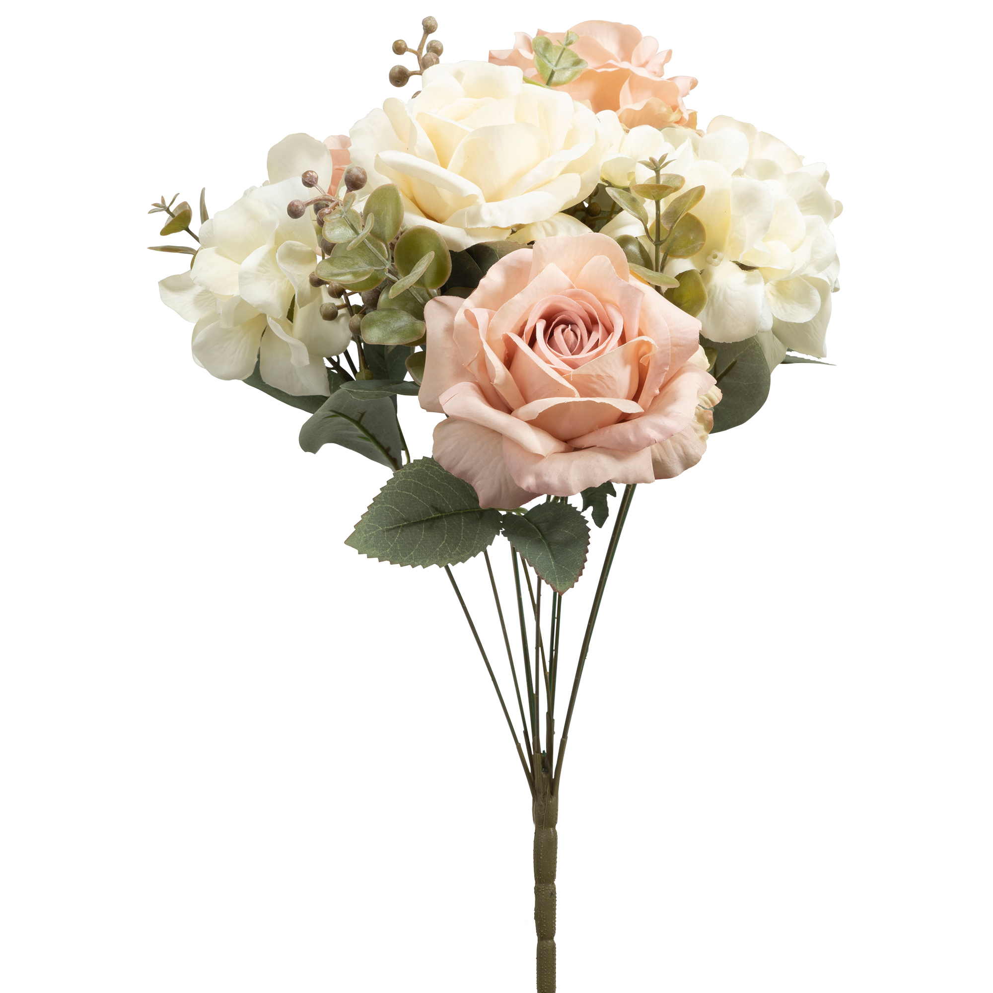 10 Head Antique Rose And Hydrangea Bush 18" - White & Pink