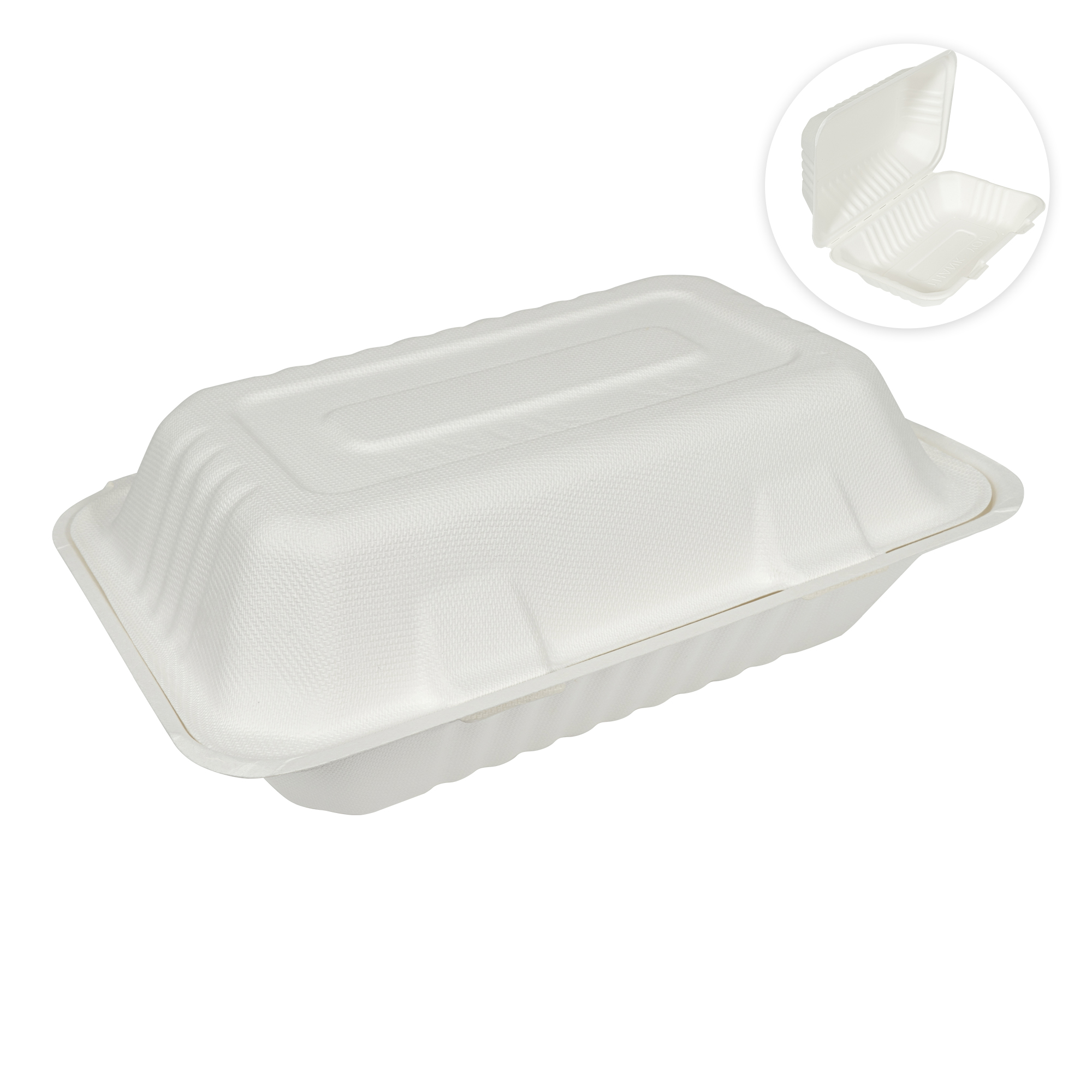 Rectangular Compostable Fiber Hinged Container 9" x 6" 50pc/pack - White