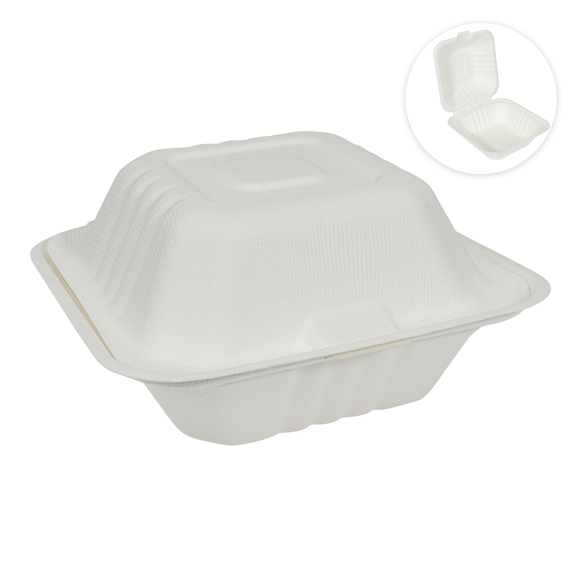 Square Compostable Fiber Hinged Container 6" 50pc/pack - White