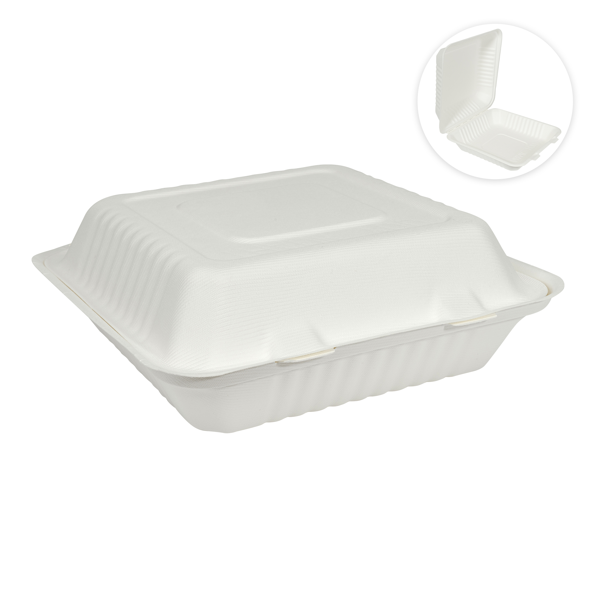 Square Compostable Fiber Hinged Container 8" 50pc/pack - White