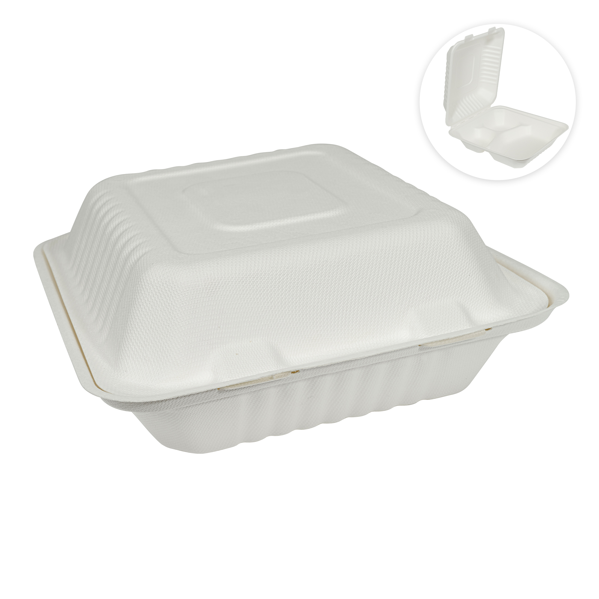 Square 3-Compartment Compostable Fiber Hinged Container 8" 50pc/pack - White