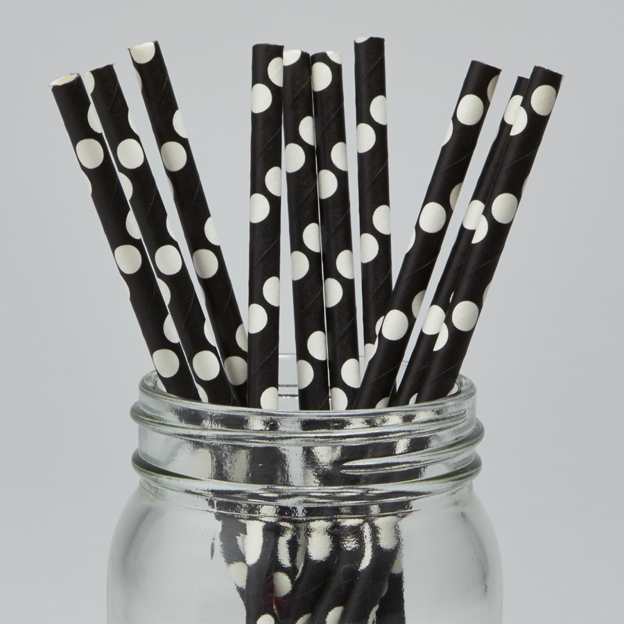 Paper Straws 7 ¾" 10pcs/bag - Polka Dot Black