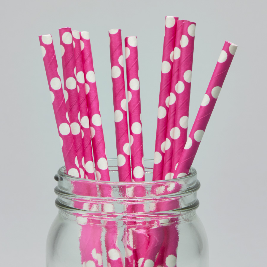Paper Straws 7 ¾" 10pcs/bag - Polka Dot  Fushia