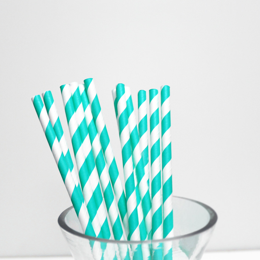 Paper Straws Diagonal Stripes 7 ¾" 10pcs/bag - Aqua