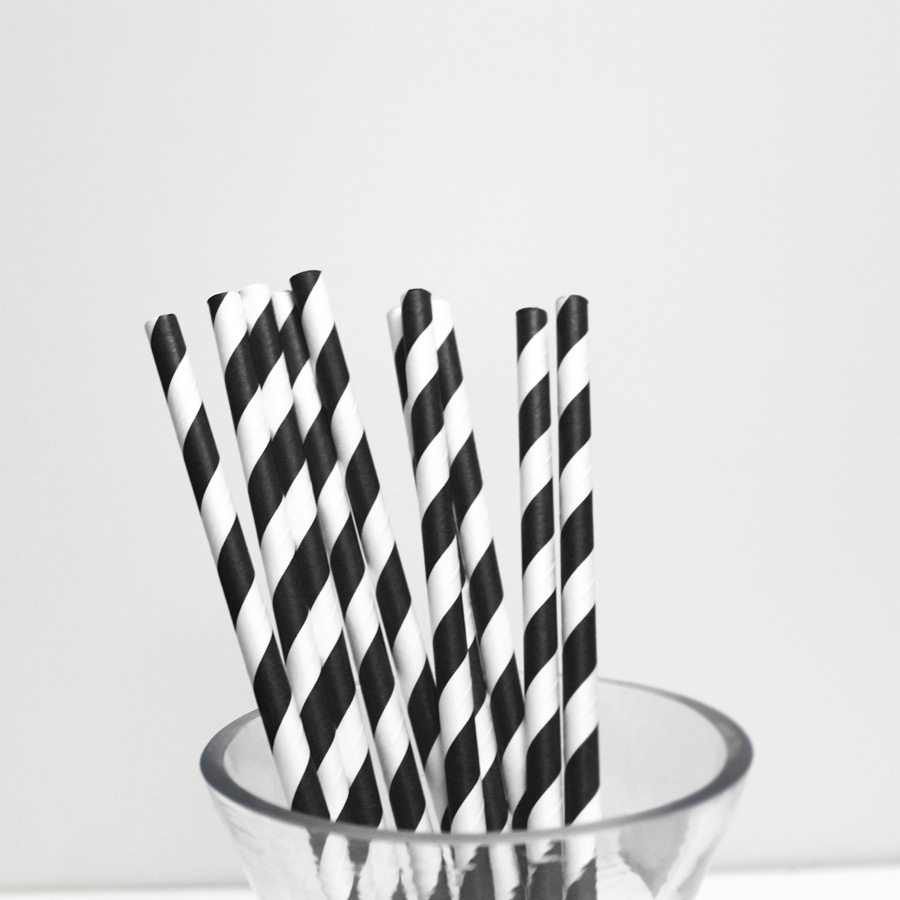 Paper Straws Diagonal Stripes 7 ¾" 10pcs/bag - Black