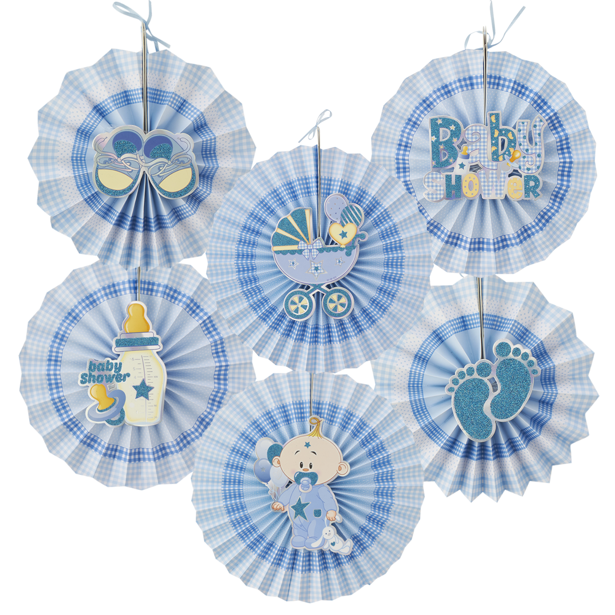Hanging Paper Fan "Baby Shower" 6pc Set - Blue