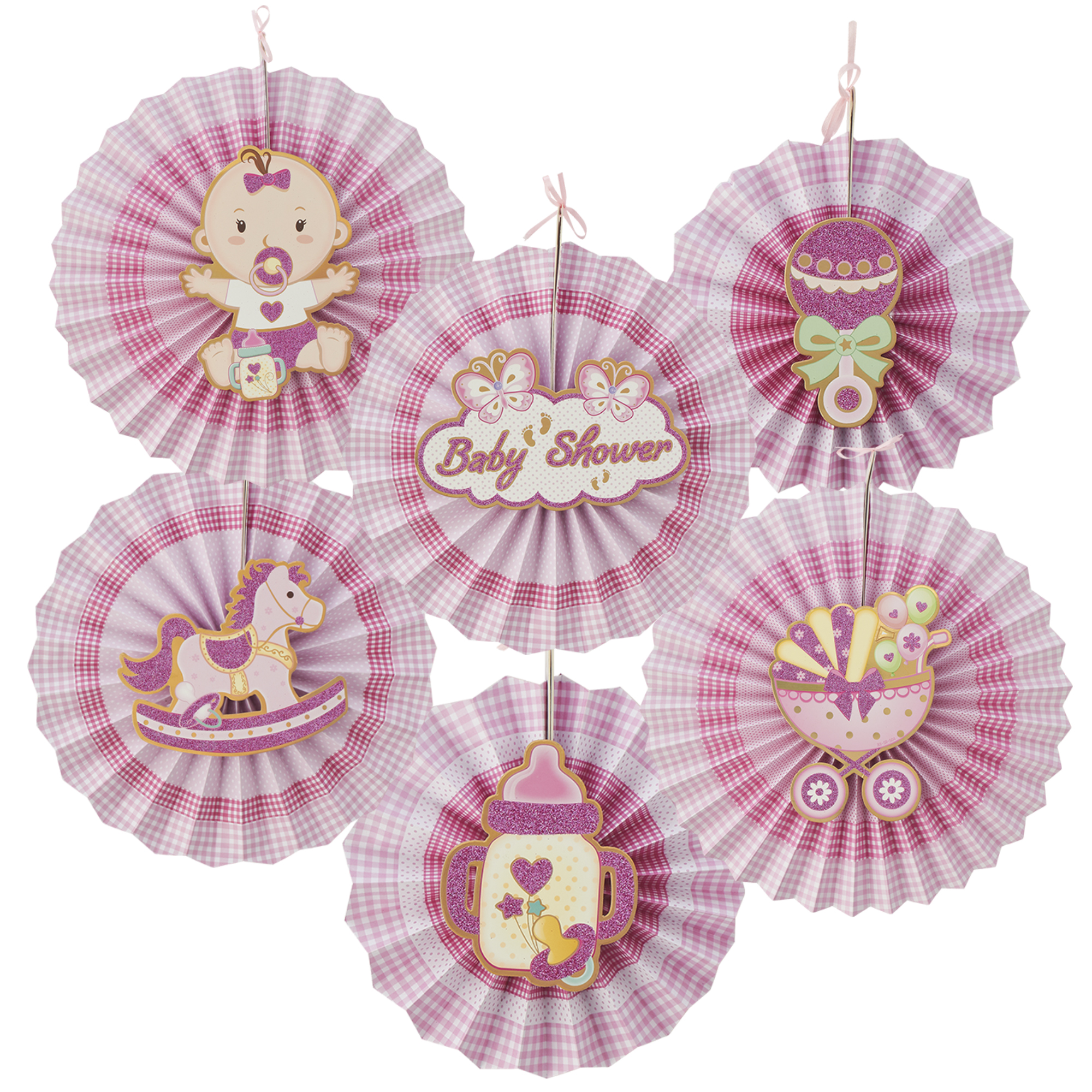 Hanging Paper Fan "Baby Shower" 6pc Set - Pink