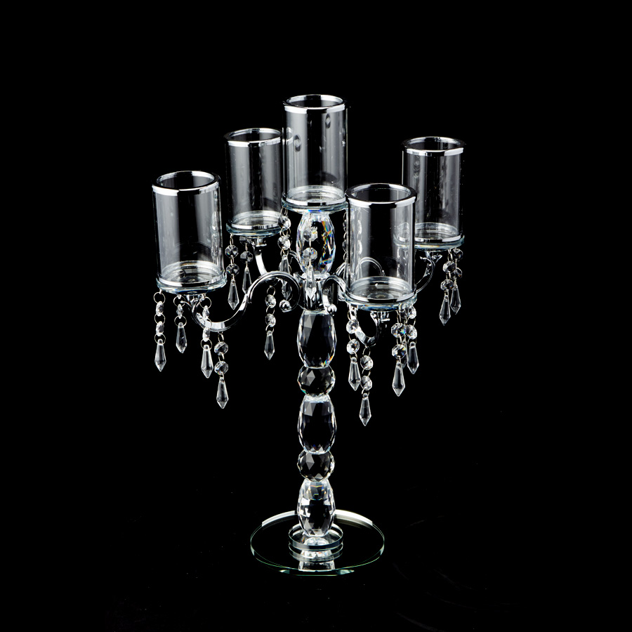 Crystal Candelabra 5 arm with Glass Cylinders 19½" - Silver