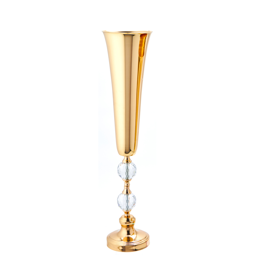 Aluminum Trumpet Vase with Two Crystals - Gold