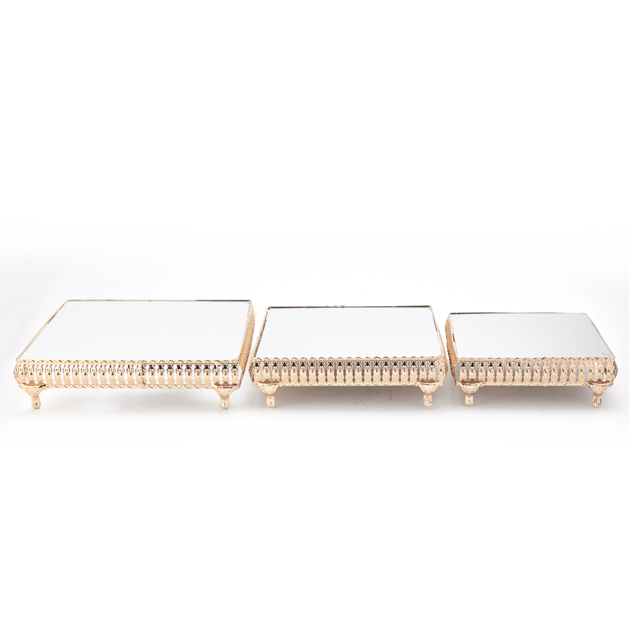Metal Rectangular Cake Stand With Mirror Top 3pc/set - Gold