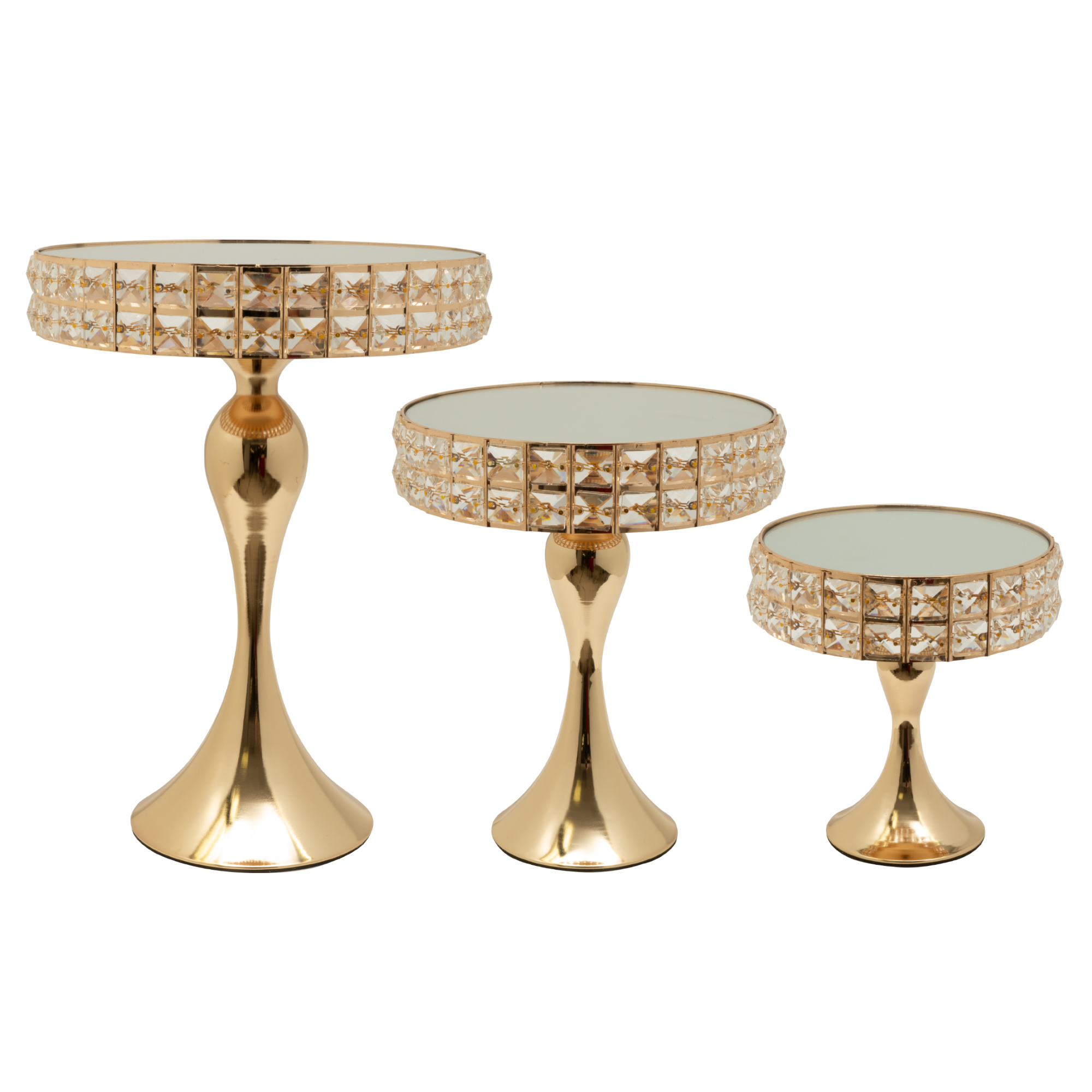 Metal Round Crystal Embellished Cake Stand With Mirror Top 3pc/set - Gold