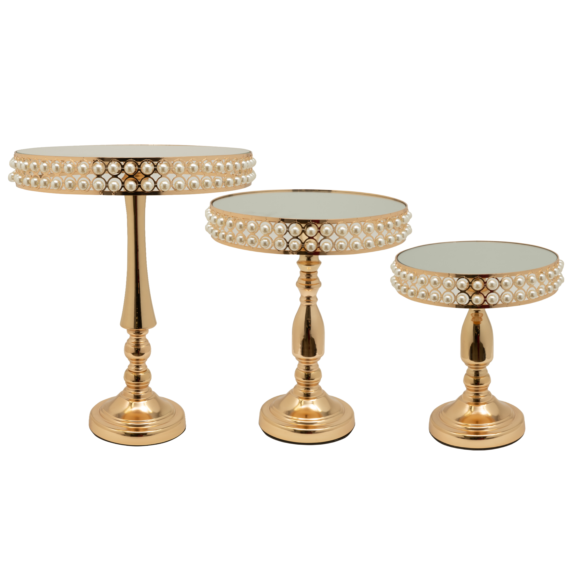 Metal Round Pearl Beaded Cake Stand 3pc/set - Gold