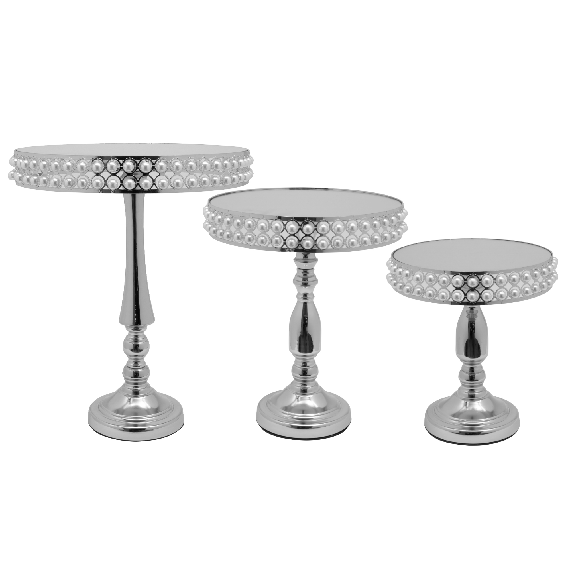 Metal Round Pearl Beaded Cake Stand 3pc/set - Silver