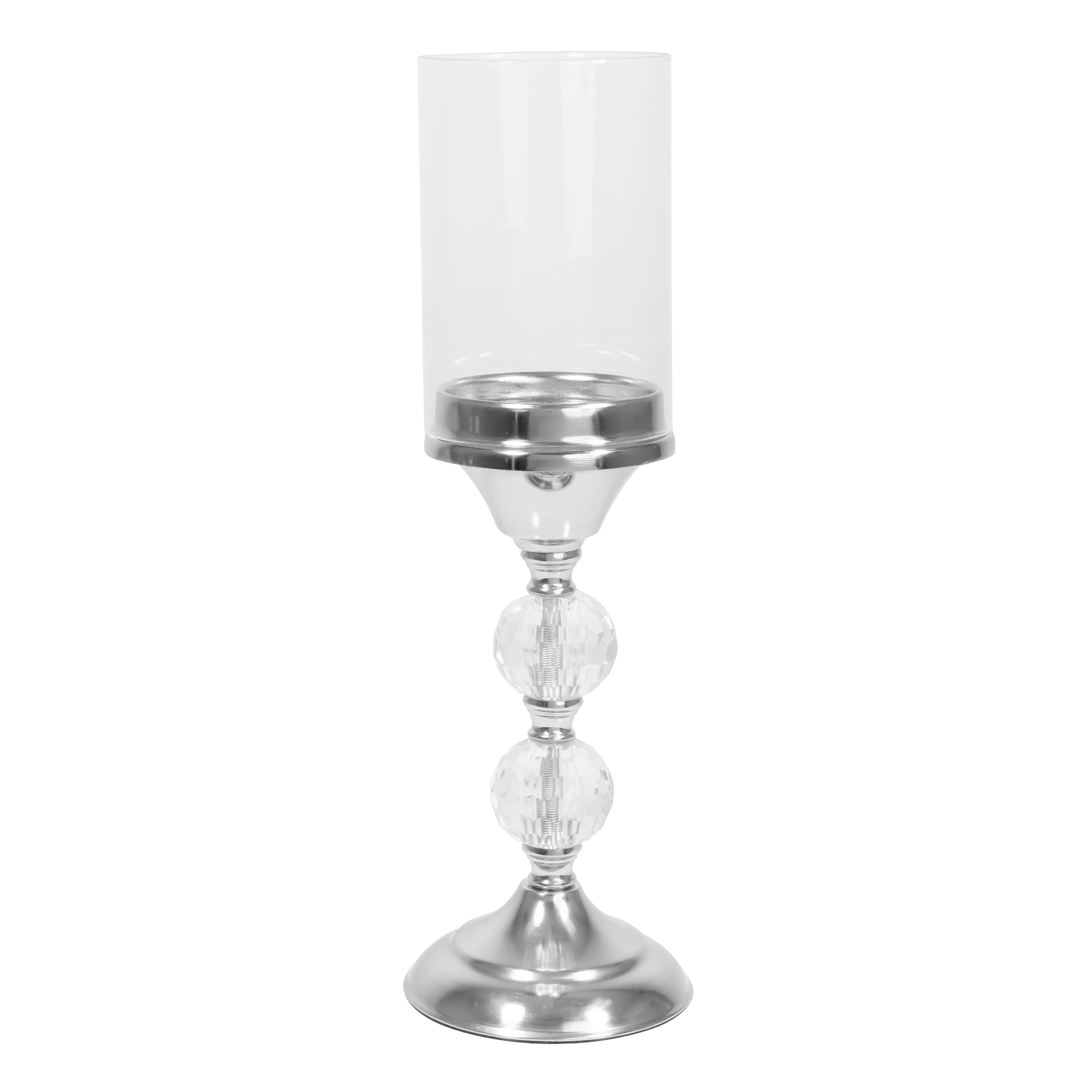 Metal Candle Holder With Cylinder Glass Shade 15½" -  Silver