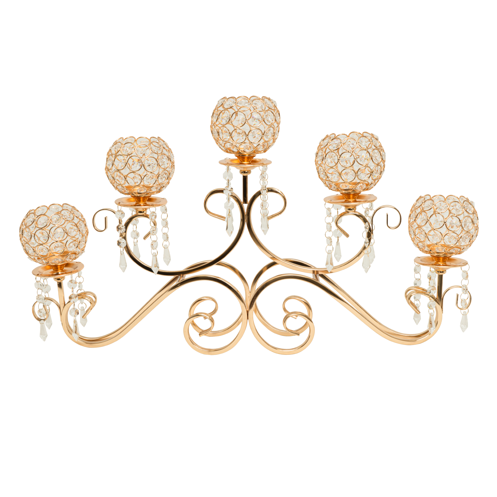 Crystal Beaded Tabletop Low Candelabra 14½" - Gold