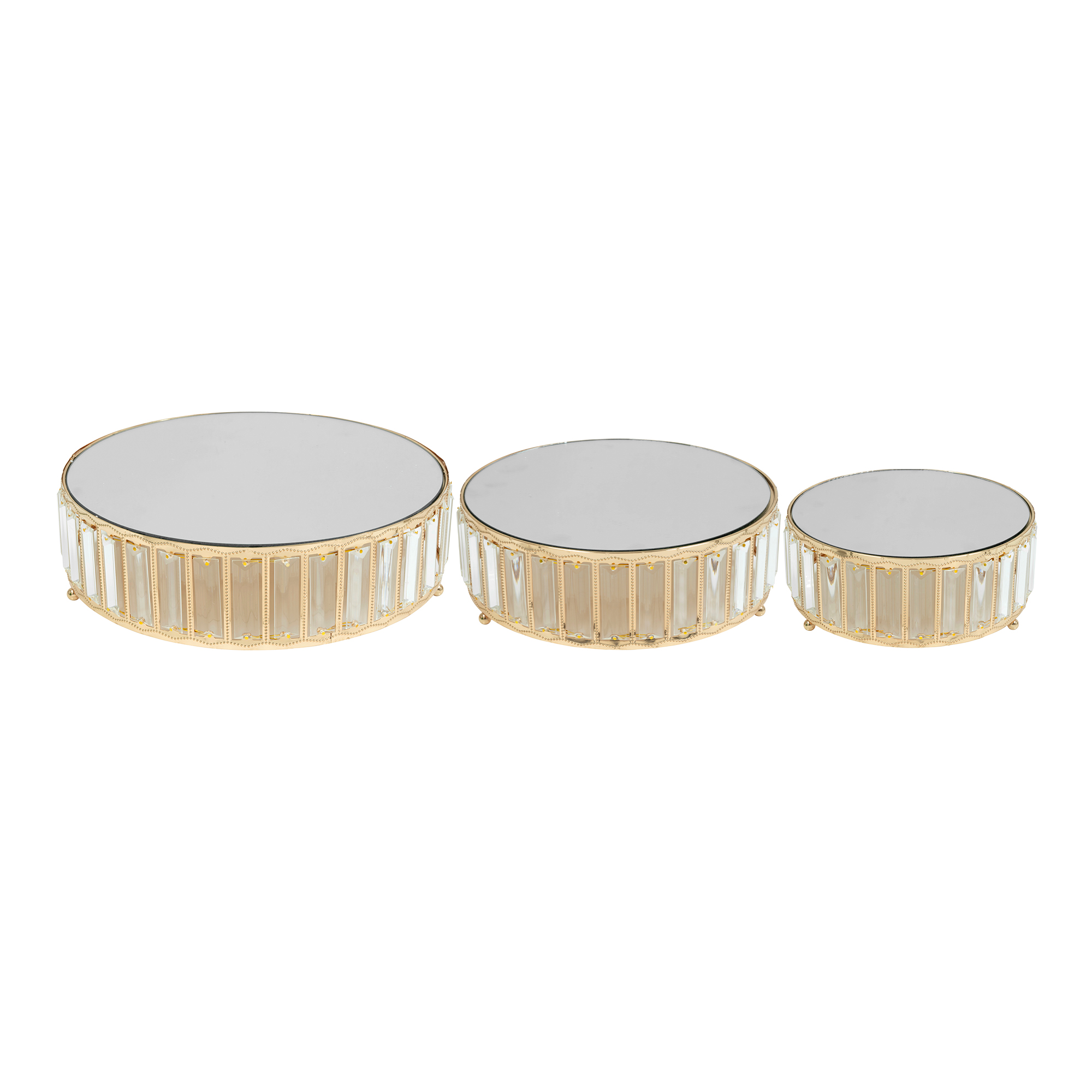 Metal Round Crystal Embellished Cake Stand With Mirror Top 3pc/set - Gold