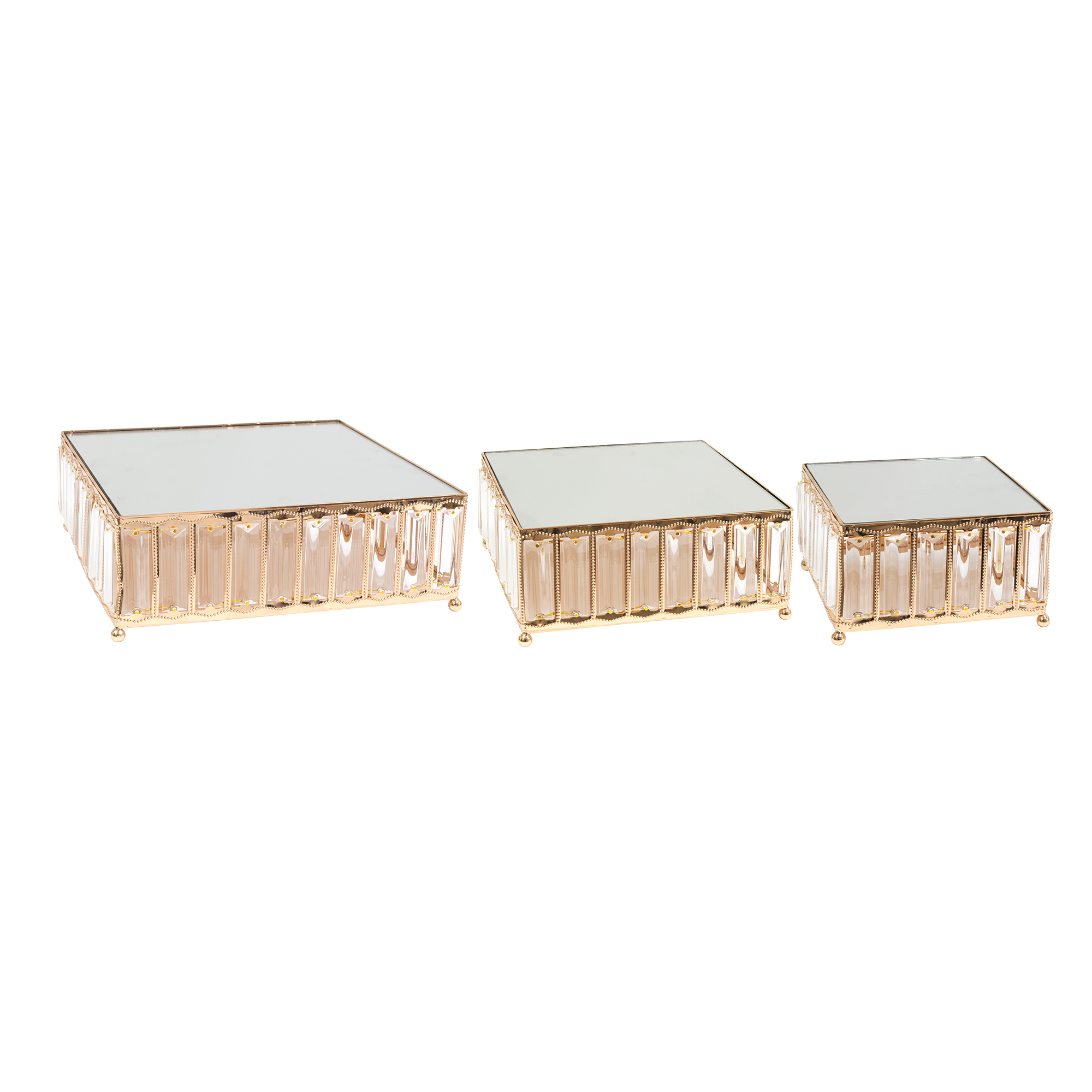 Metal Square Crystal Embellished Cake Stand With Mirror Top 3pc/set - Gold