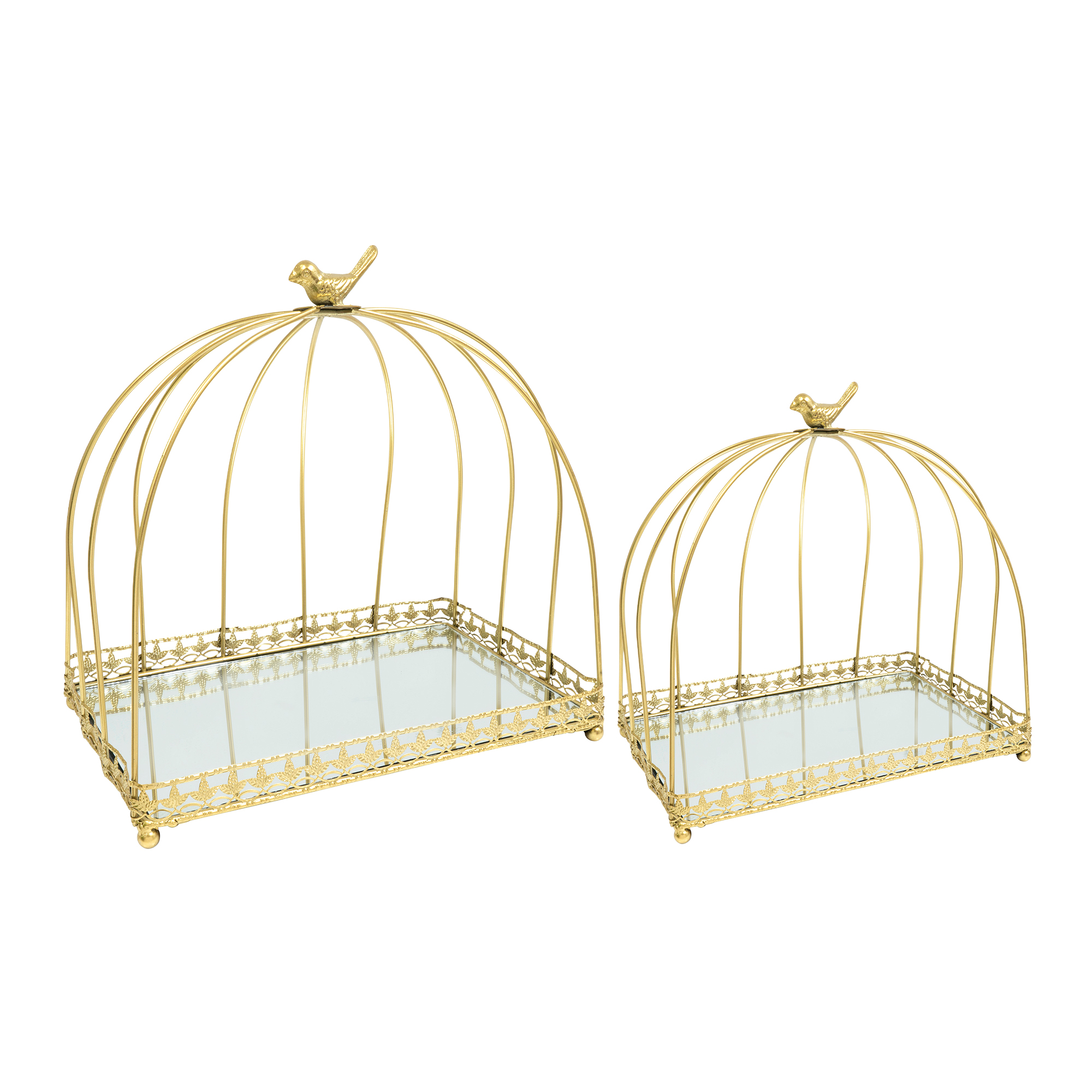 Rectangle Birdcage Cake Stand With Mirror 2pc/set - Gold