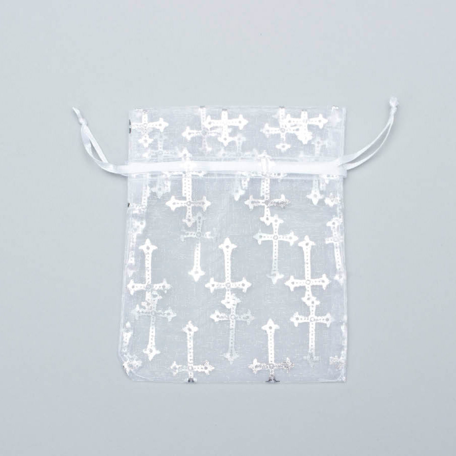 Organza Sheer Bags with Printed Metallic Crosses 4" x 5" - 12
