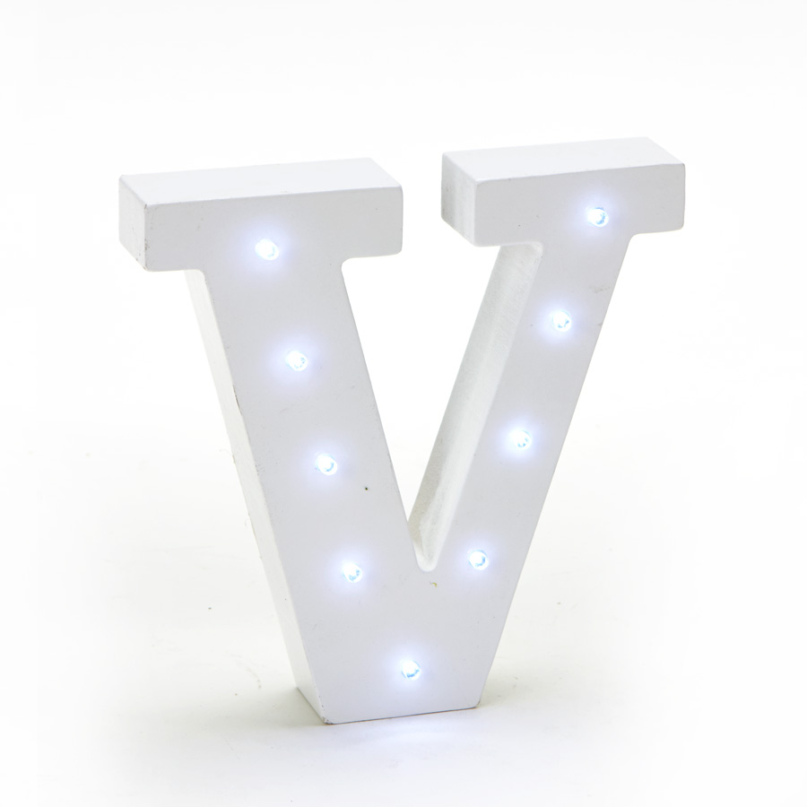 Wooden Vintage LED Marquee Freestanding Letter V - White