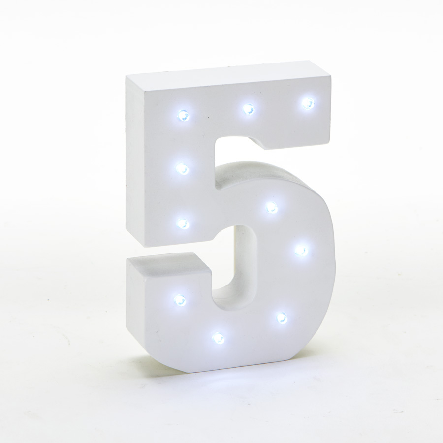 Wooden Vintage LED Marquee Freestanding Number 5 - White