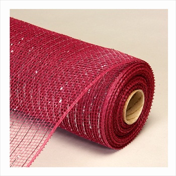 Decorative Poly Mesh Roll with Silver Metallic Stripes -Burgundy