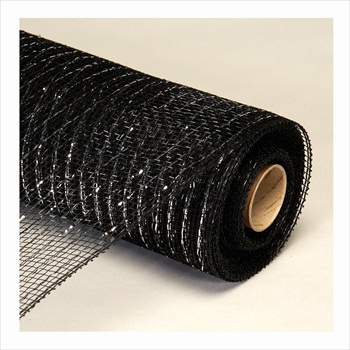 Decorative Poly Mesh Roll with Silver Metallic Stripes -Black