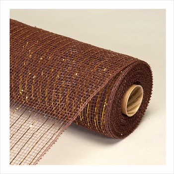 Decorative Poly Mesh Roll with Gold Metallic Stripes -Brown