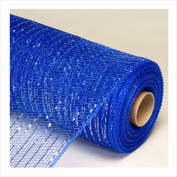 Decorative Poly Mesh Roll with Silver Metallic Stripes -Royal Blue