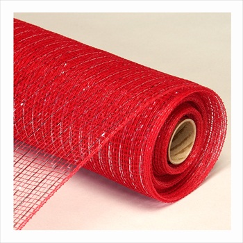Decorative Poly Mesh Roll with Silver Metallic Stripes -Red