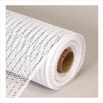 Decorative Poly Mesh Roll with Silver Metallic Stripes -White