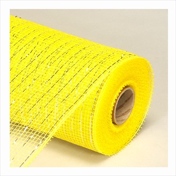 Decorative Poly Mesh Roll with Silver Metallic Stripes -Yellow