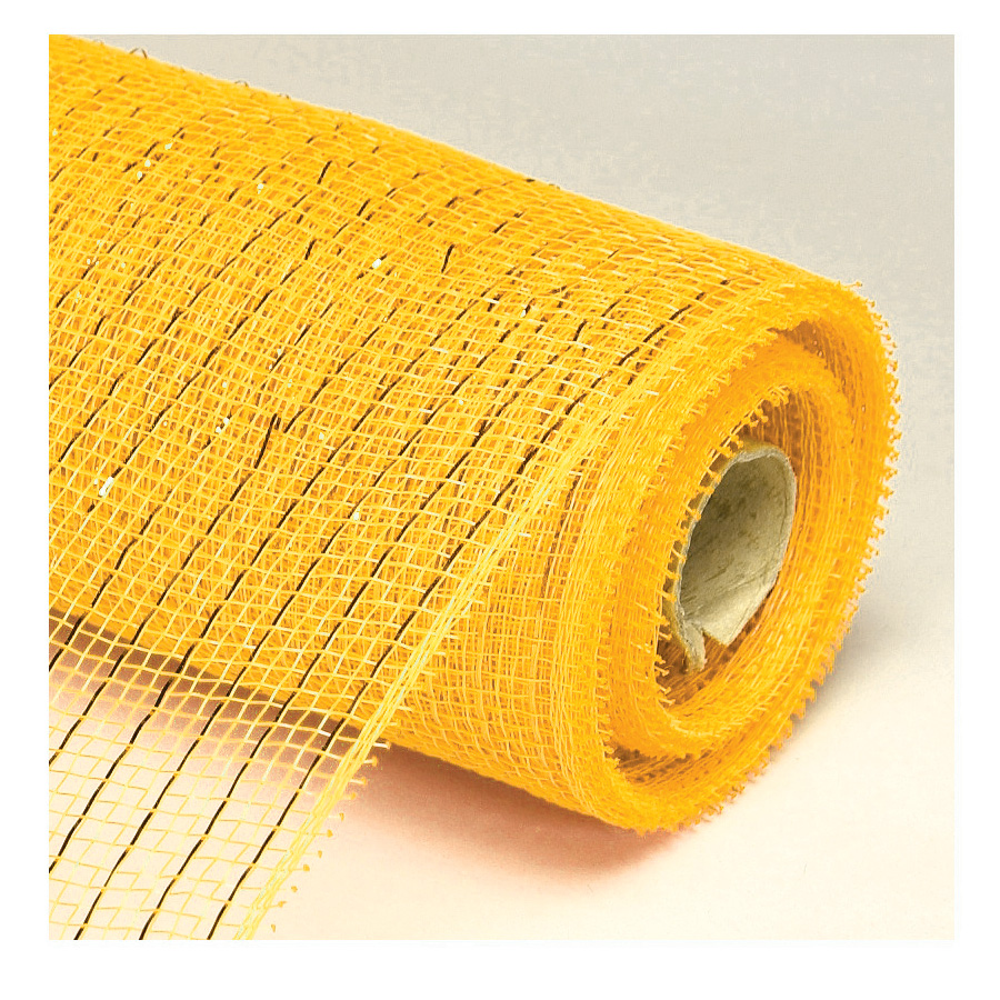Decorative Poly Mesh Roll with Matching Metallic Stripes - Yellow